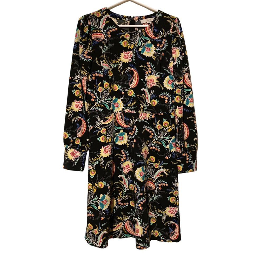 Loft Womens Shift Dress Black Floral Stretch Jewel Neck Long Cuff Sleeve Tall 6T